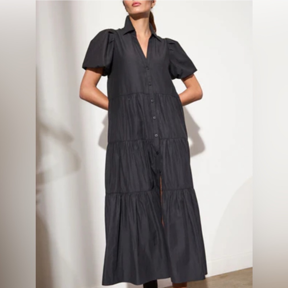 Banana Republic Puff-Sleeve Linen Blend Tiered Shirt Dress